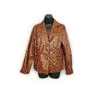 Chi By‎ Faichi Coat M Faux Leather Vegan Lined Leopard Animal Print Jacket Y2K
